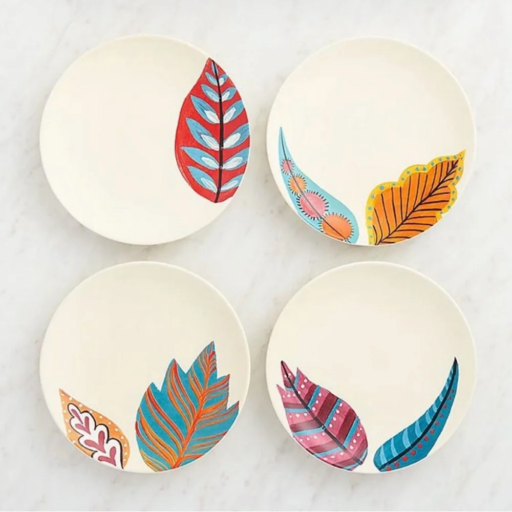 PAPER SOURCE ‘16 4-pcs Leaves Feathers Coll Hand-painted Matte Plates #0310267